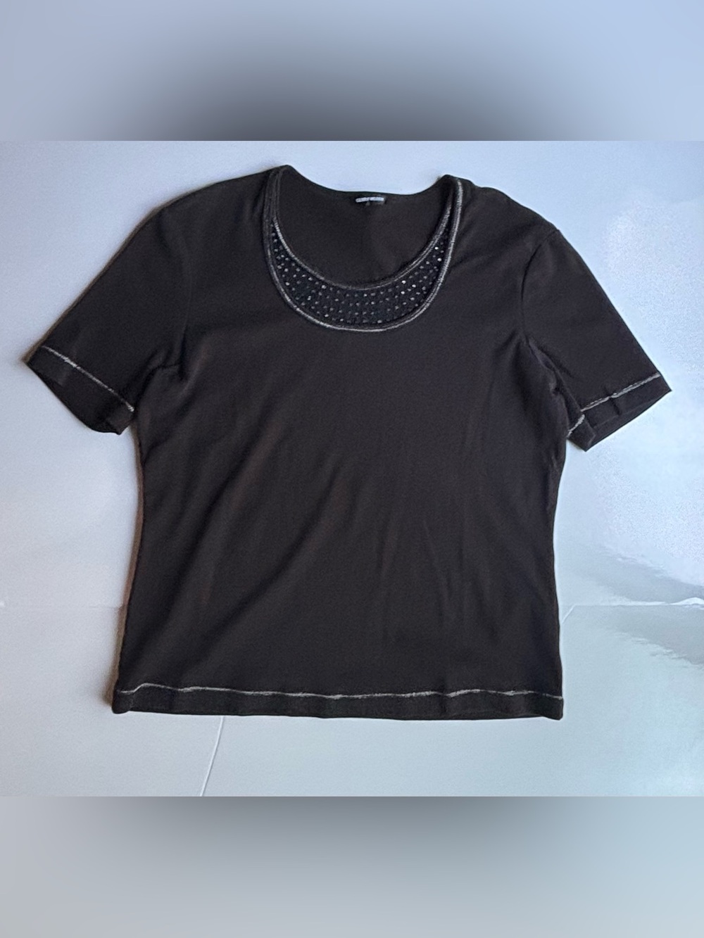 Gerry Weber Black Short-Sleeve top 100% cotton rhinestone sheer panel metallic
